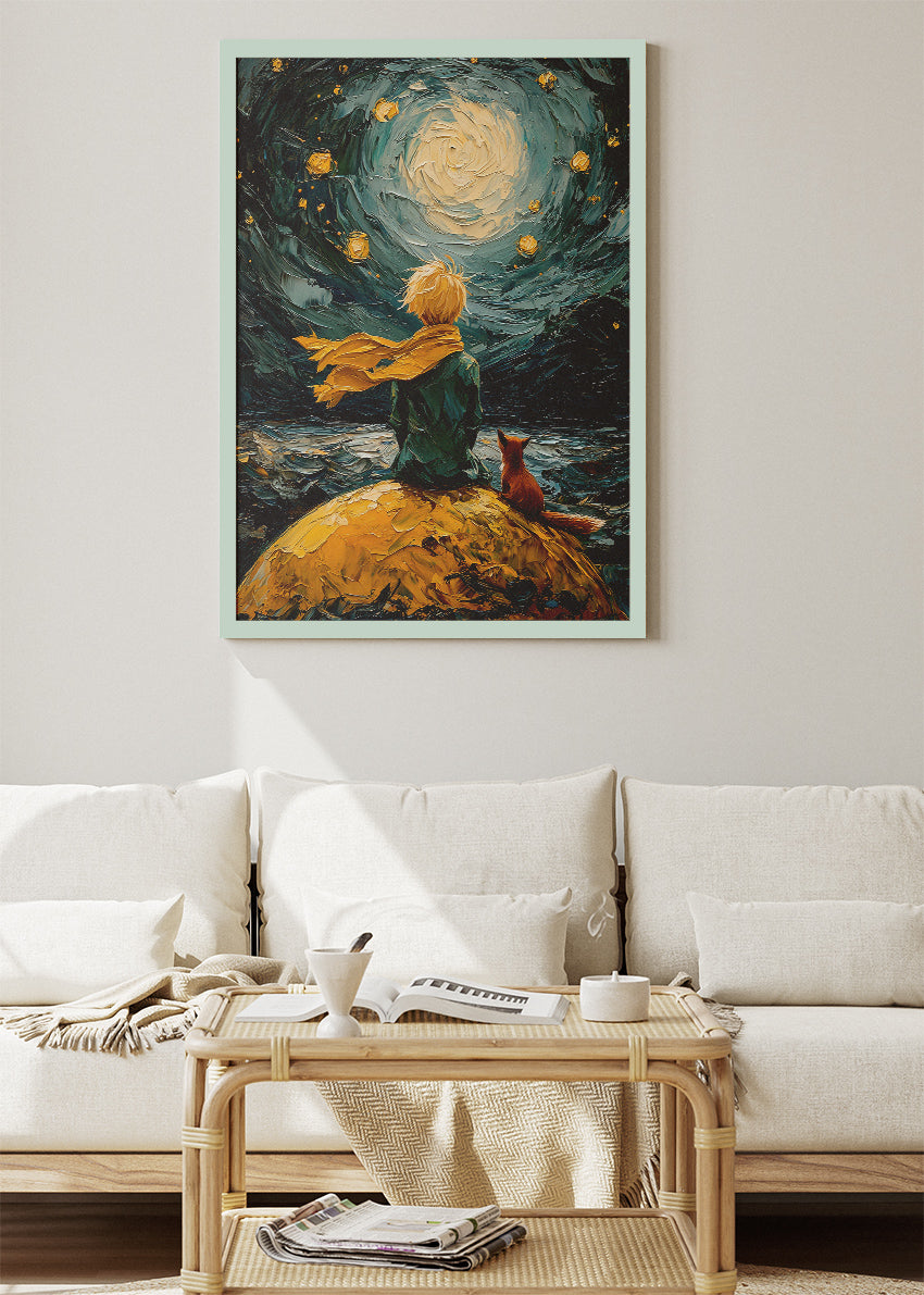 Starry Night Inspired Boy and Fox Wall Art – Dreamy Moon Sky Canvas Print & Fantasy Illustration Poster for Living Room Decor UK