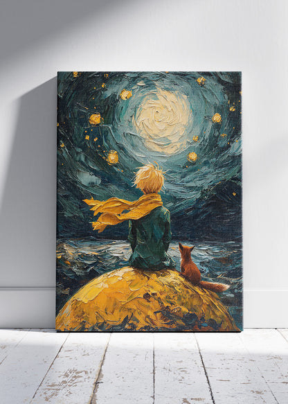Starry Night Inspired Boy and Fox Wall Art – Dreamy Moon Sky Canvas Print & Fantasy Illustration Poster for Living Room Decor UK