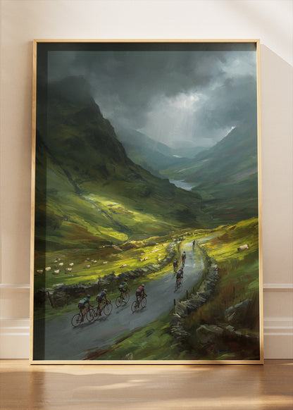 Stormy Mountain Cycling Poster & Canvas Art Print – Peloton Riding Through Green Valley Road