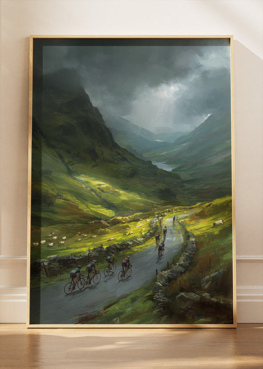 Stormy Mountain Cycling Poster & Canvas Art Print – Peloton Riding Through Green Valley Road