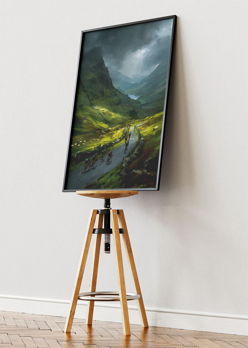 Stormy Mountain Cycling Poster & Canvas Art Print – Peloton Riding Through Green Valley Road