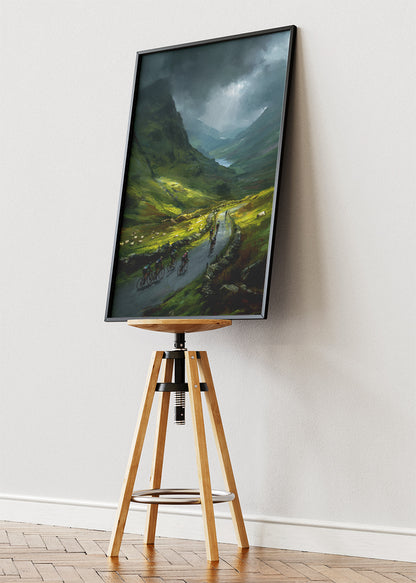 Stormy Mountain Cycling Poster & Canvas Art Print – Peloton Riding Through Green Valley Road