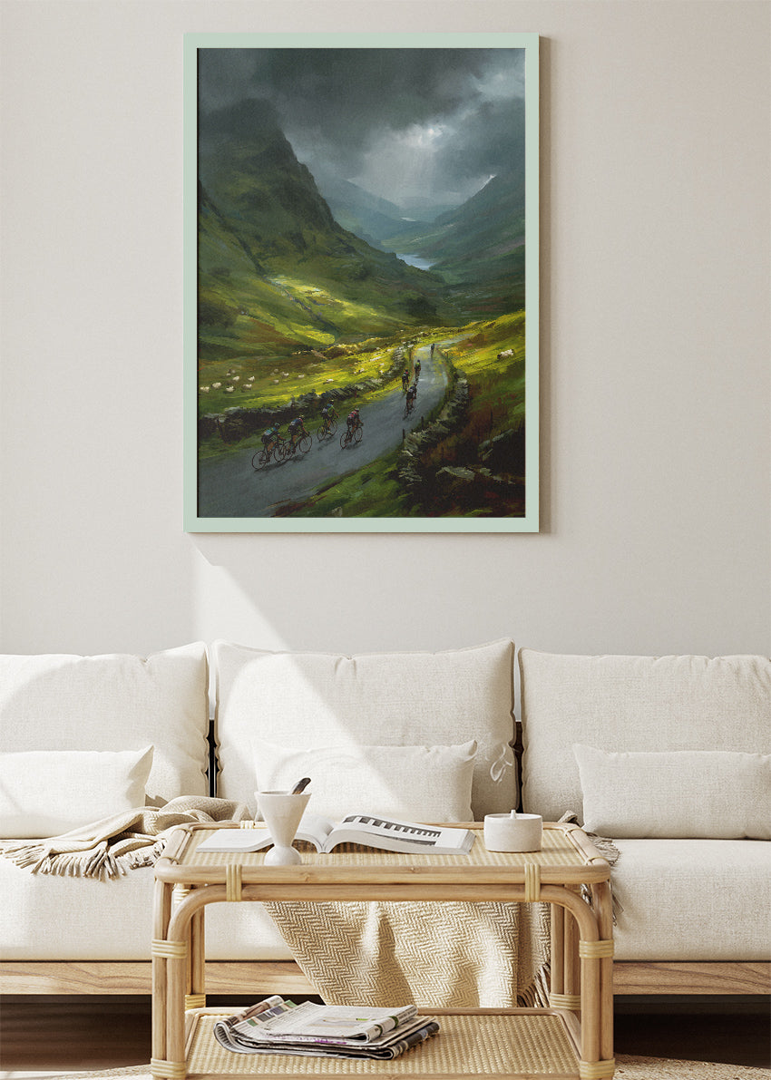 Stormy Mountain Cycling Poster & Canvas Art Print – Peloton Riding Through Green Valley Road