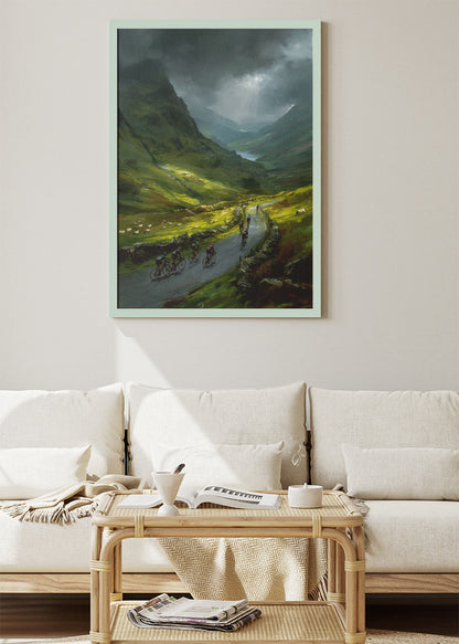 Stormy Mountain Cycling Poster & Canvas Art Print – Peloton Riding Through Green Valley Road