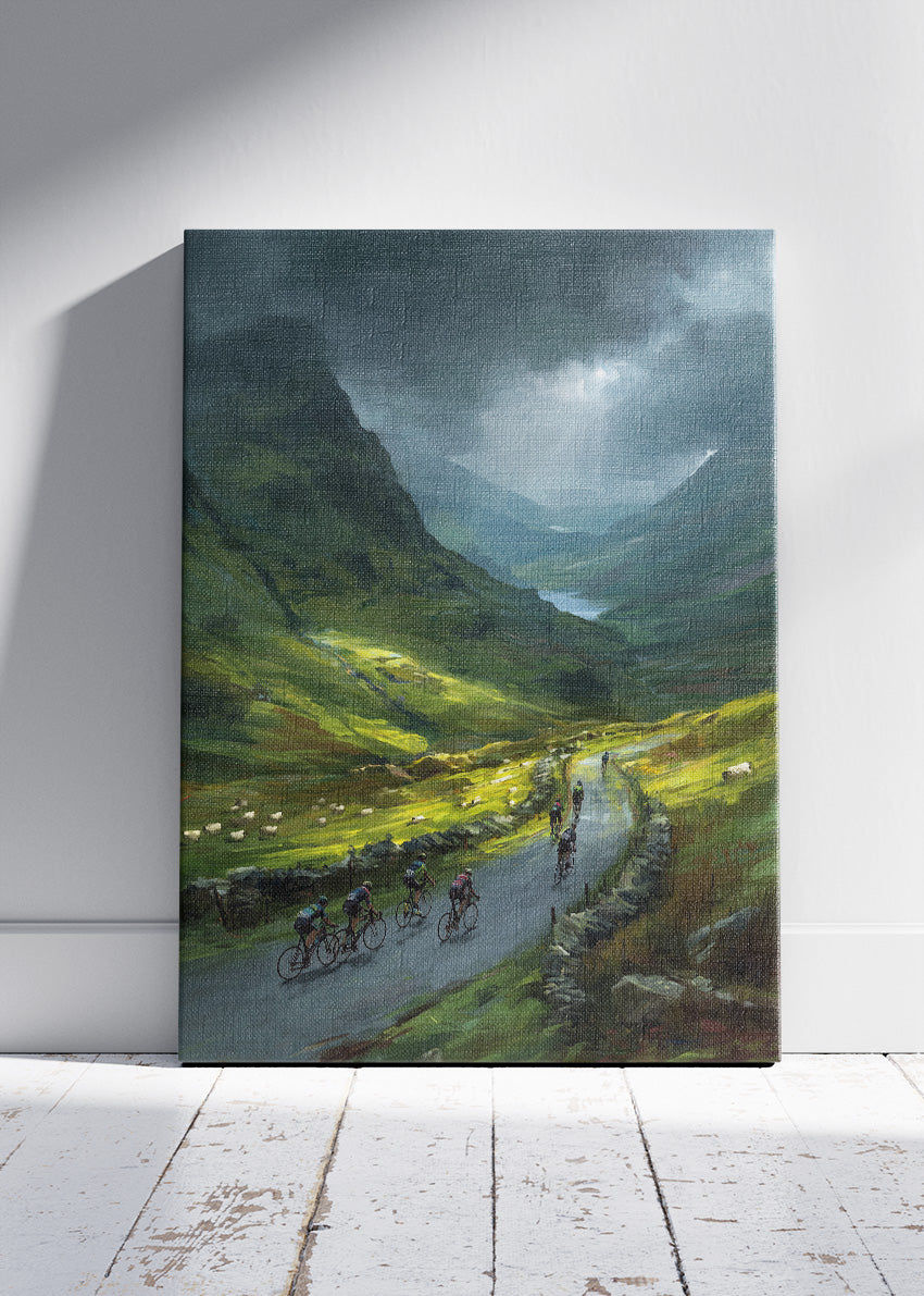 Stormy Mountain Cycling Poster & Canvas Art Print – Peloton Riding Through Green Valley Road