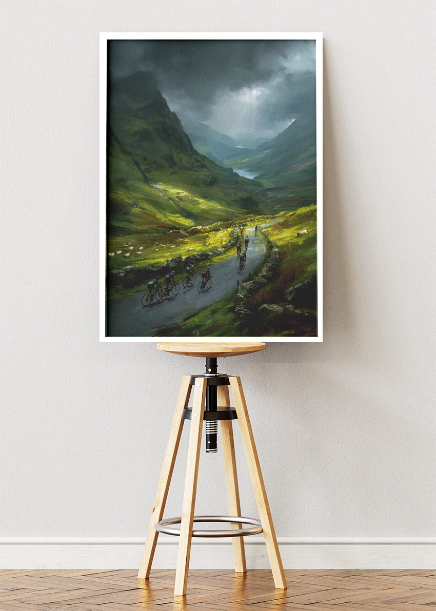 Stormy Mountain Cycling Poster & Canvas Art Print – Peloton Riding Through Green Valley Road