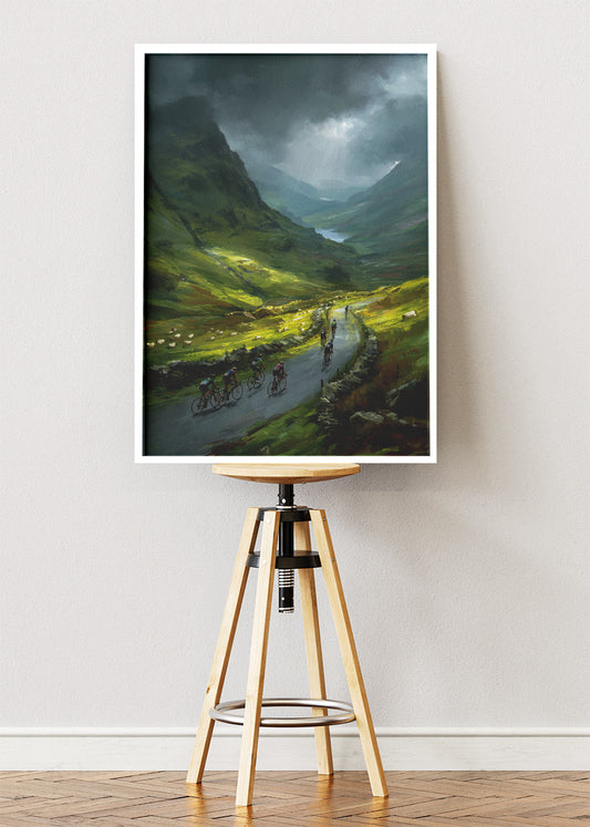 Stormy Mountain Cycling Poster & Canvas Art Print – Peloton Riding Through Green Valley Road
