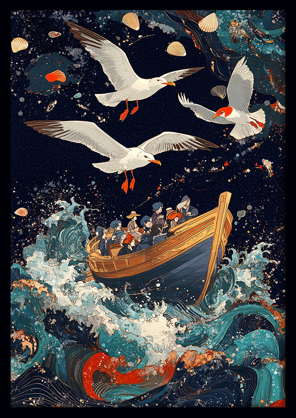Stormy Sea Voyage & Seagulls – Japanese Style Ocean Canvas & Poster Wall Art – T1299 – AiPrintLab