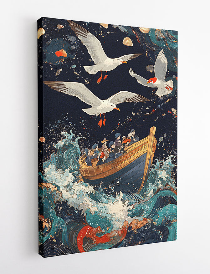 Stormy Sea Voyage & Seagulls – Japanese Style Ocean Canvas & Poster Wall Art – T1299 – AiPrintLab