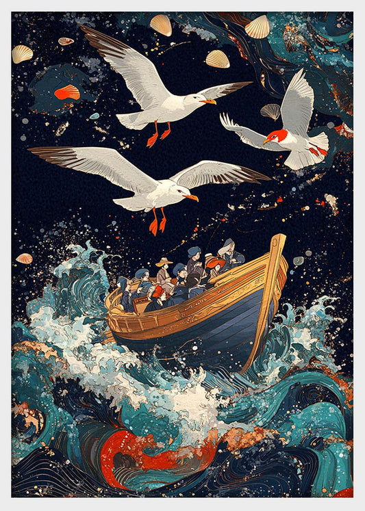 Stormy Sea Voyage & Seagulls – Japanese Style Ocean Canvas & Poster Wall Art – T1299 – AiPrintLab