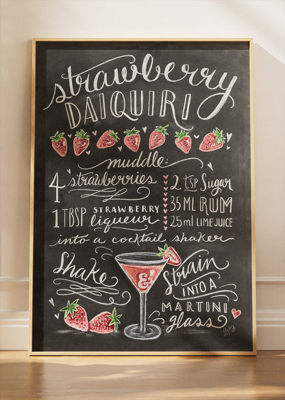 Strawberry Daiquiri Chalkboard Cocktail Poster & Canvas Print | Handwritten Bar Wall Art