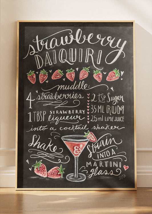 Strawberry Daiquiri Chalkboard Cocktail Poster & Canvas Print | Handwritten Bar Wall Art