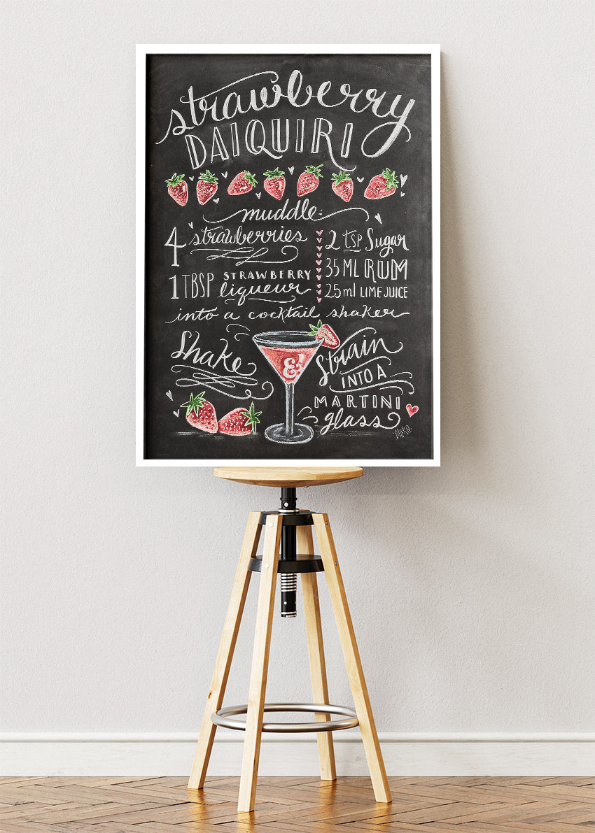 Strawberry Daiquiri Chalkboard Cocktail Poster & Canvas Print | Handwritten Bar Wall Art