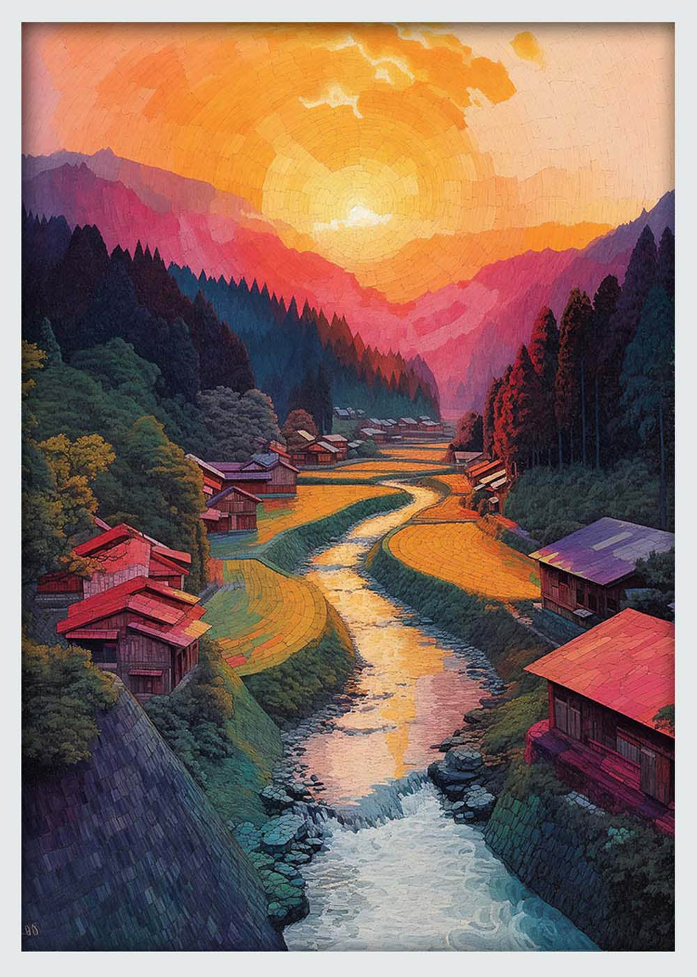 Sunset Over Mountain Village – Serene Landscape Canvas & Poster Wall Art – T1204 – AiPrintLab