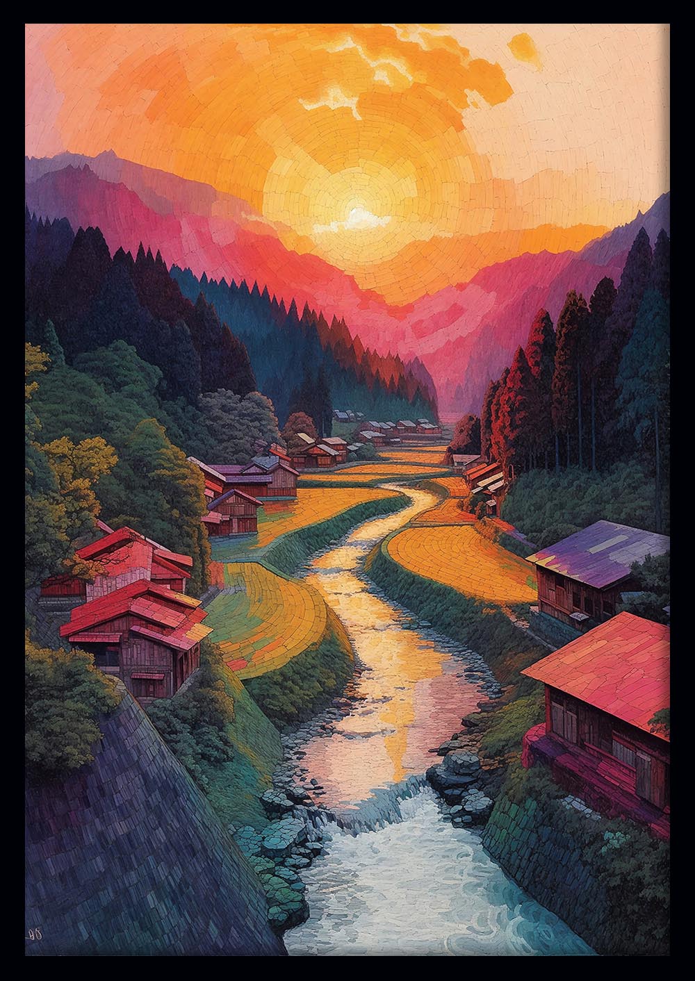 Sunset Over Mountain Village – Serene Landscape Canvas & Poster Wall Art – T1204 – AiPrintLab