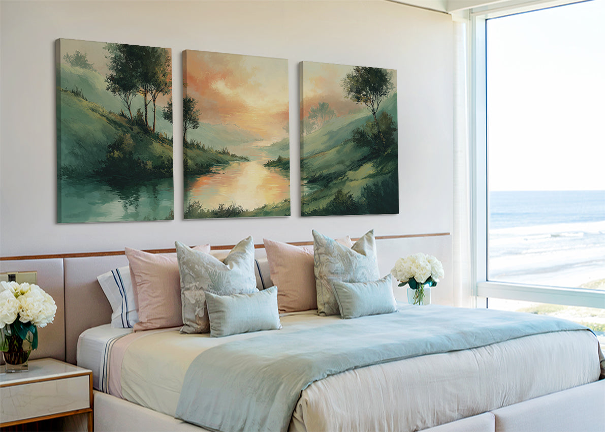 Sunset River Valley Landscape Canvas Wall Art – Single & 3 Panel Canvas – AI PRINT LAB
