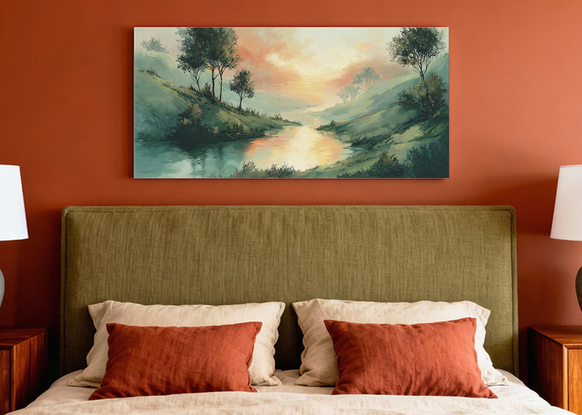 Sunset River Valley Landscape Canvas Wall Art – Single & 3 Panel Canvas – AI PRINT LAB