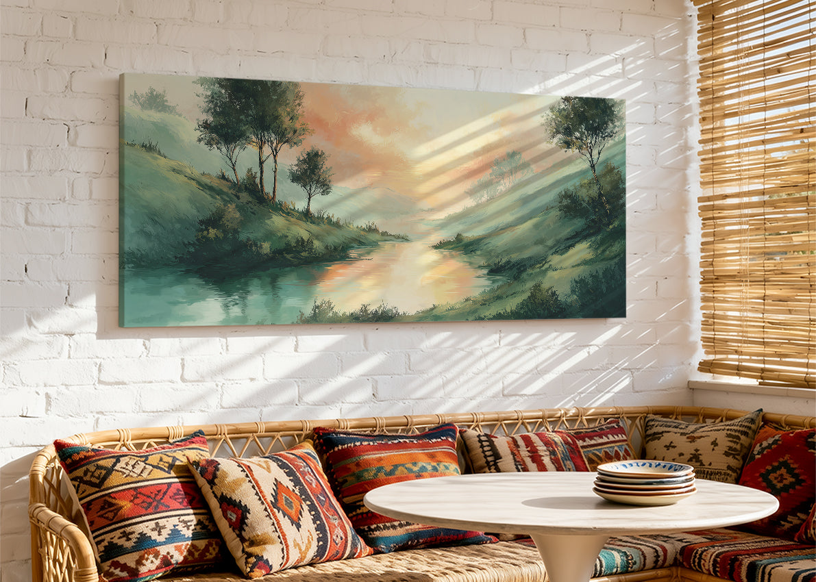 Sunset River Valley Landscape Canvas Wall Art – Single & 3 Panel Canvas – AI PRINT LAB
