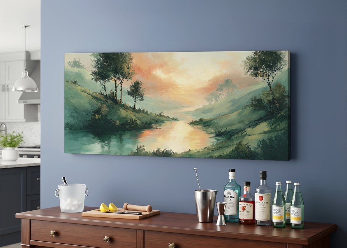 Sunset River Valley Landscape Canvas Wall Art – Single & 3 Panel Canvas – AI PRINT LAB