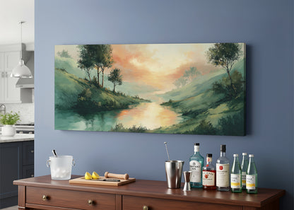 Sunset River Valley Landscape Canvas Wall Art – Single & 3 Panel Canvas – AI PRINT LAB