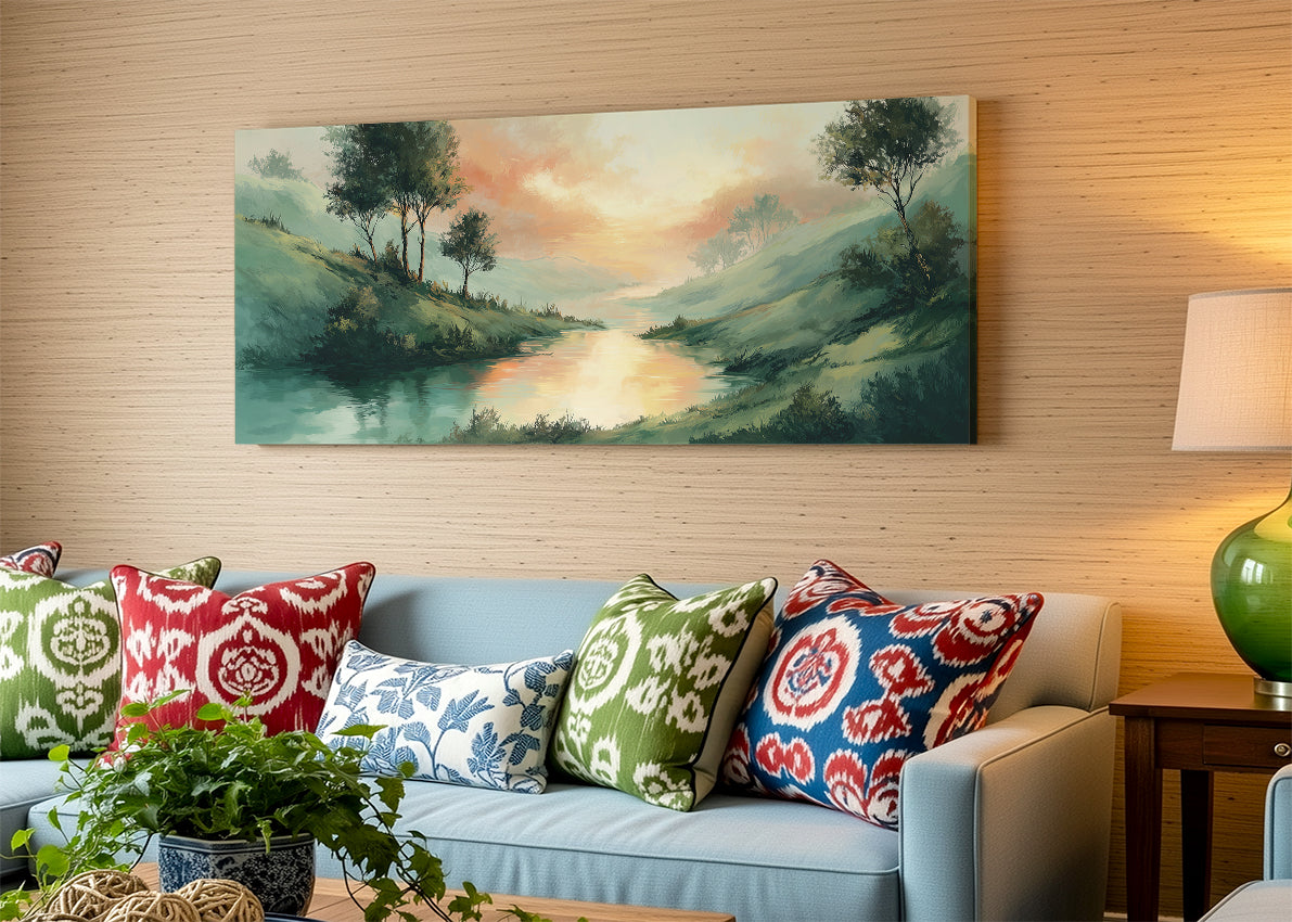 Sunset River Valley Landscape Canvas Wall Art – Single & 3 Panel Canvas – AI PRINT LAB