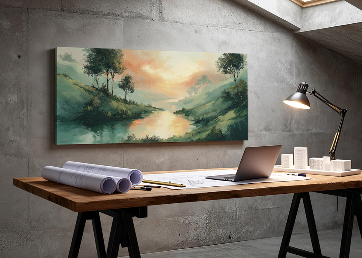 Sunset River Valley Landscape Canvas Wall Art – Single & 3 Panel Canvas – AI PRINT LAB