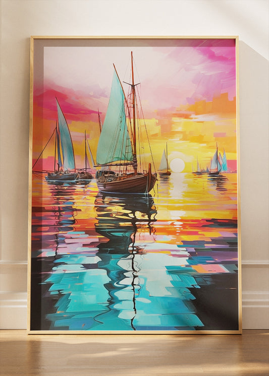 Sunset Sail Reflections – Vibrant Ocean Canvas & Poster Print – AI PRINT LAB