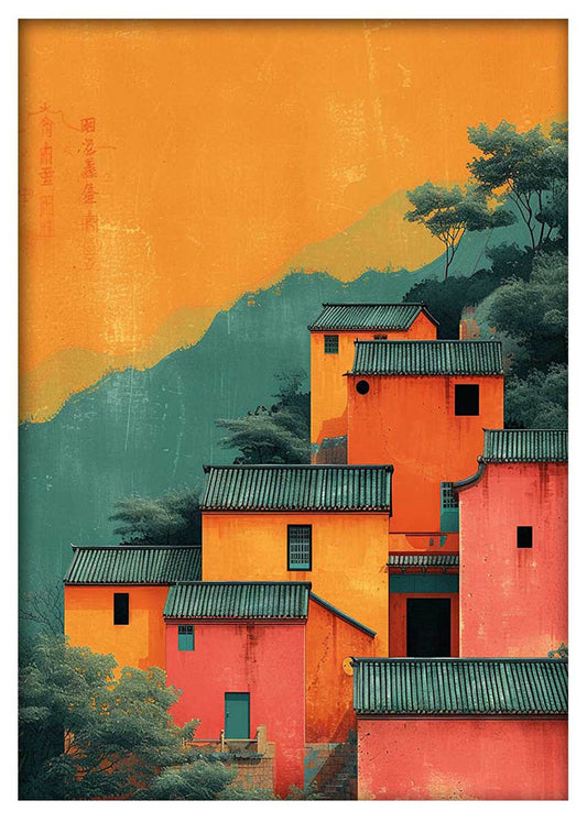 Sunset Temple Village – Bold Asian Architecture Canvas & Poster Print – T989 – AiPrintLab