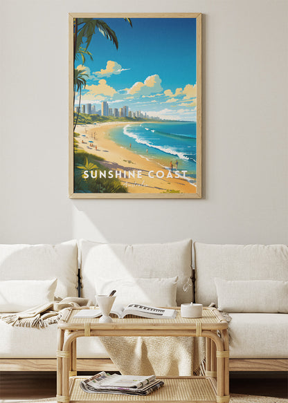 Sunshine Coast Australia Travel Poster & Canvas Wall Art – Beach Skyline Print