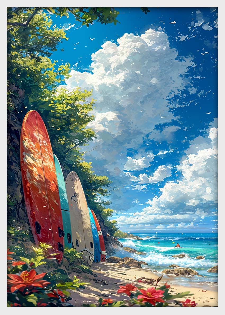 Surfboards on Tropical Shore – Summer Beach Canvas & Poster Print – T1414 –