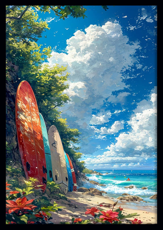 Surfboards on Tropical Shore – Summer Beach Canvas & Poster Print – T1414 –