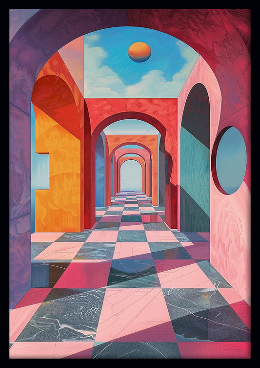 Surreal Arched Corridor with Floating Sun – Geometric Abstract Canvas & Poster Art – T922 – AiPrintLab
