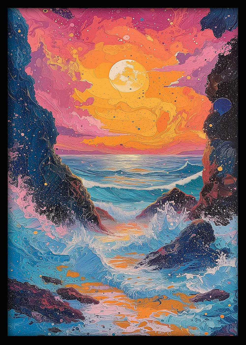 Surreal Ocean Sunset with Moon – Abstract Seascape Canvas & Poster Art – T1183 – AiPrintLab