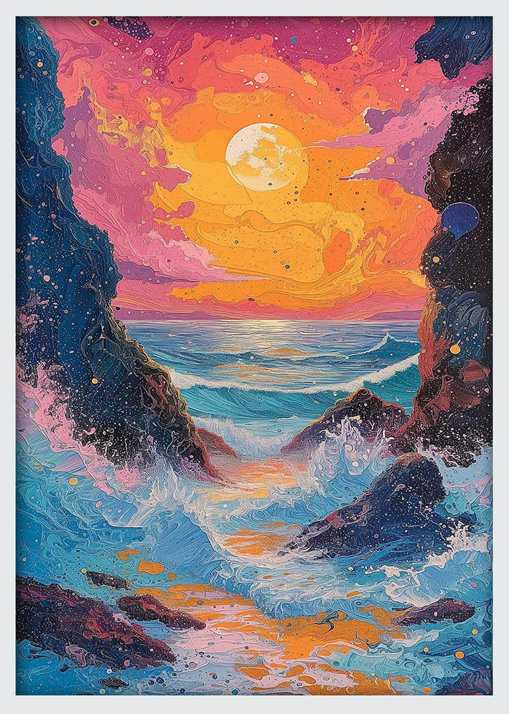 Surreal Ocean Sunset with Moon – Abstract Seascape Canvas & Poster Art – T1183 – AiPrintLab