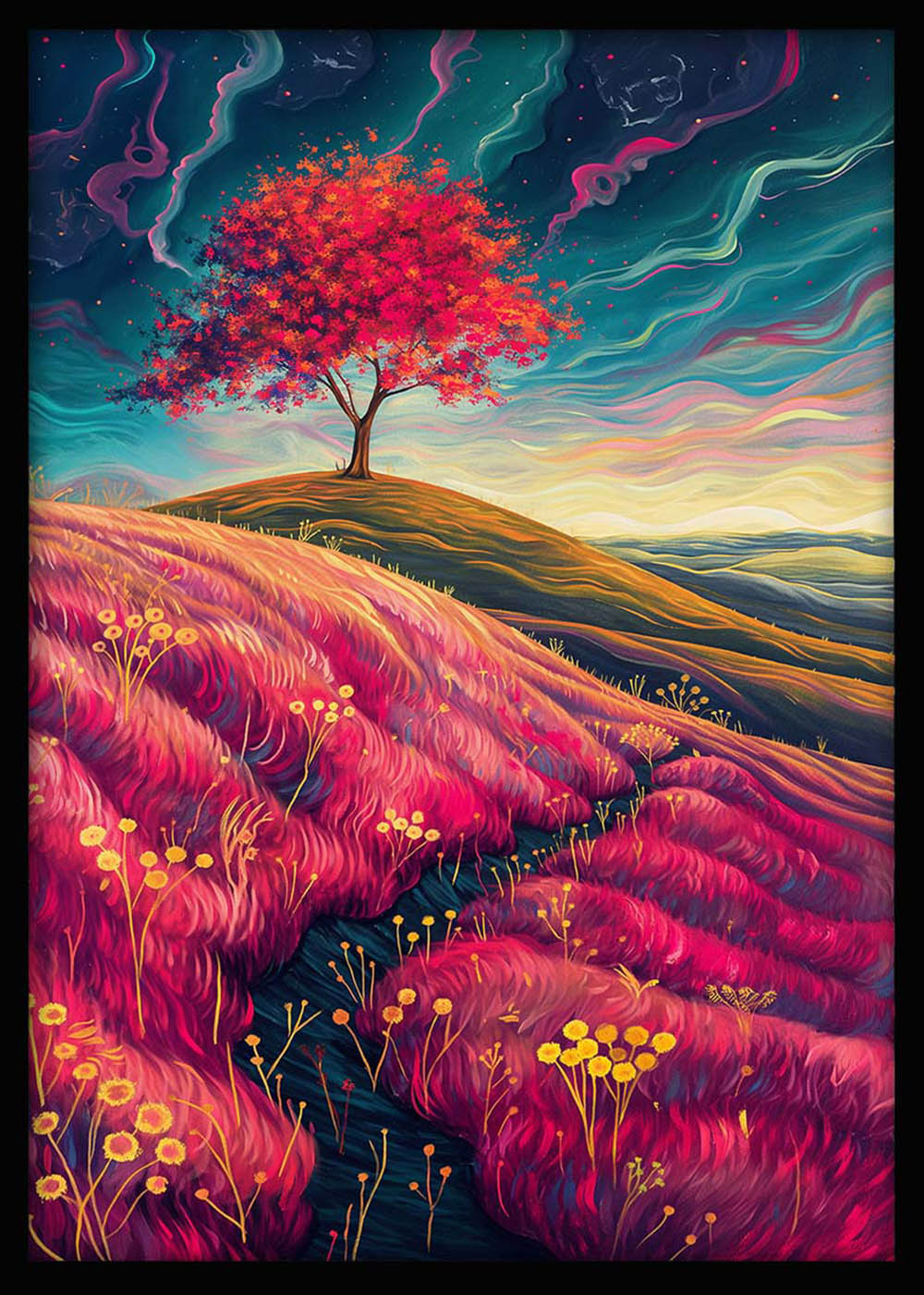 Surreal Red Tree Landscape – Fantasy Night Sky Canvas & Poster Wall Art – T1213 – AiPrintLab