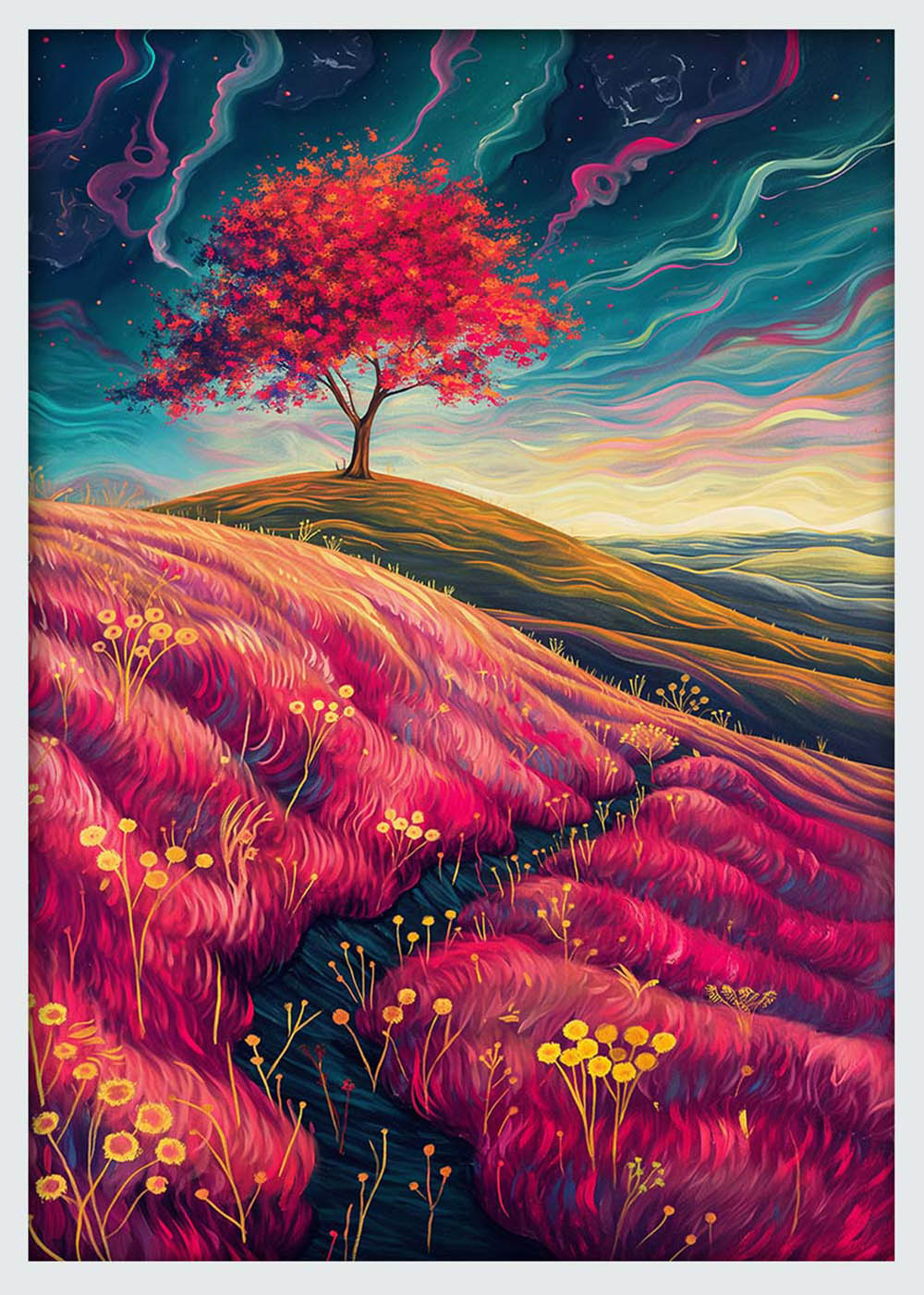 Surreal Red Tree Landscape – Fantasy Night Sky Canvas & Poster Wall Art – T1213 – AiPrintLab