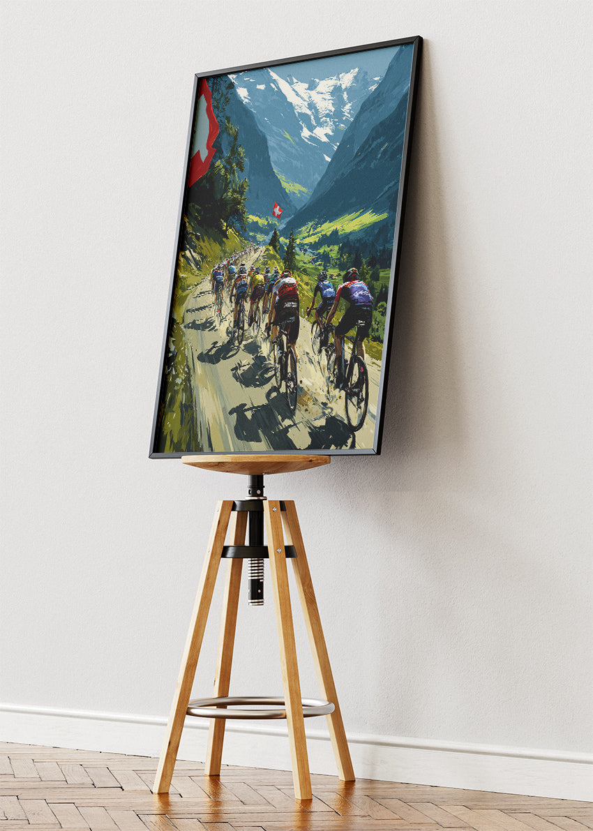 Swiss Mountain Peloton Cycling Poster & Canvas Art Print – Alpine Road Race Scene