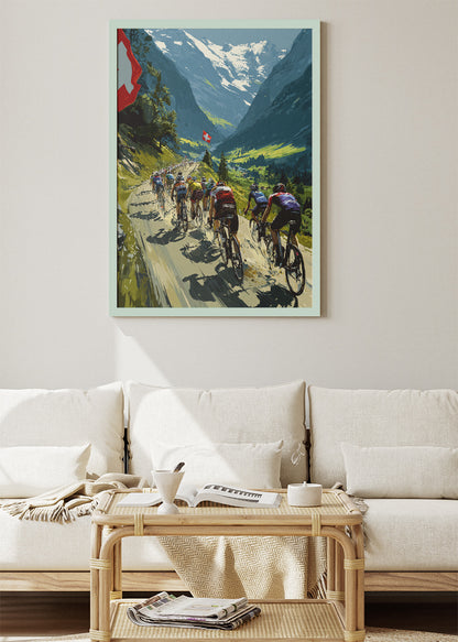 Swiss Mountain Peloton Cycling Poster & Canvas Art Print – Alpine Road Race Scene