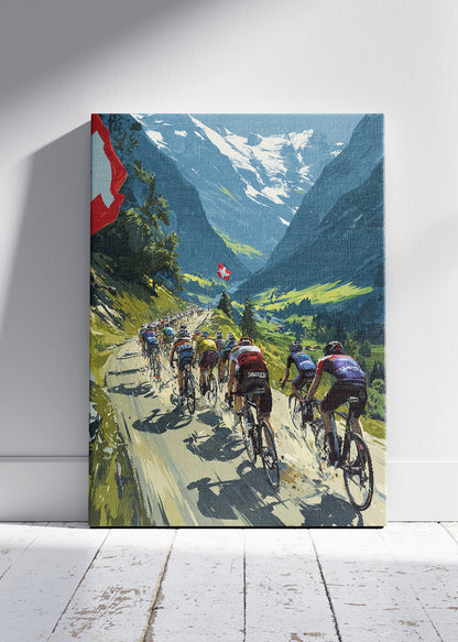 Swiss Mountain Peloton Cycling Poster & Canvas Art Print – Alpine Road Race Scene