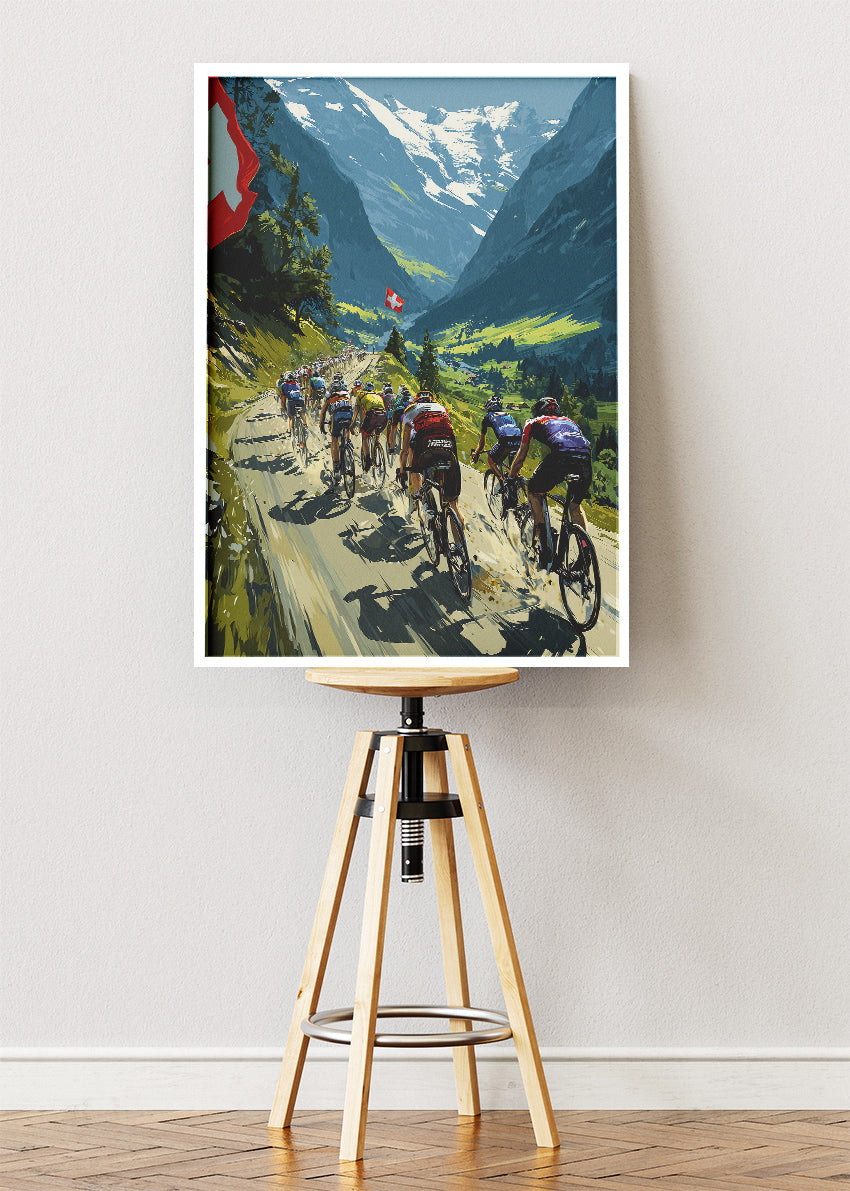 Swiss Mountain Peloton Cycling Poster & Canvas Art Print – Alpine Road Race Scene