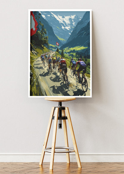 Swiss Mountain Peloton Cycling Poster & Canvas Art Print – Alpine Road Race Scene