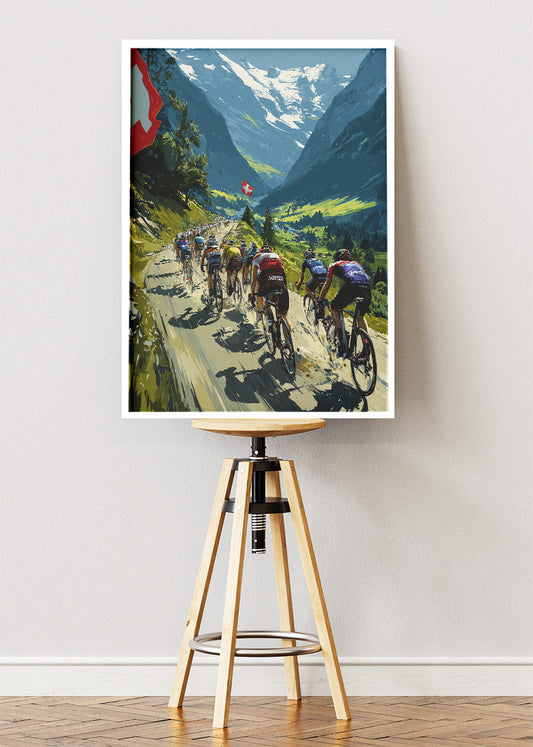 Swiss Mountain Peloton Cycling Poster & Canvas Art Print – Alpine Road Race Scene
