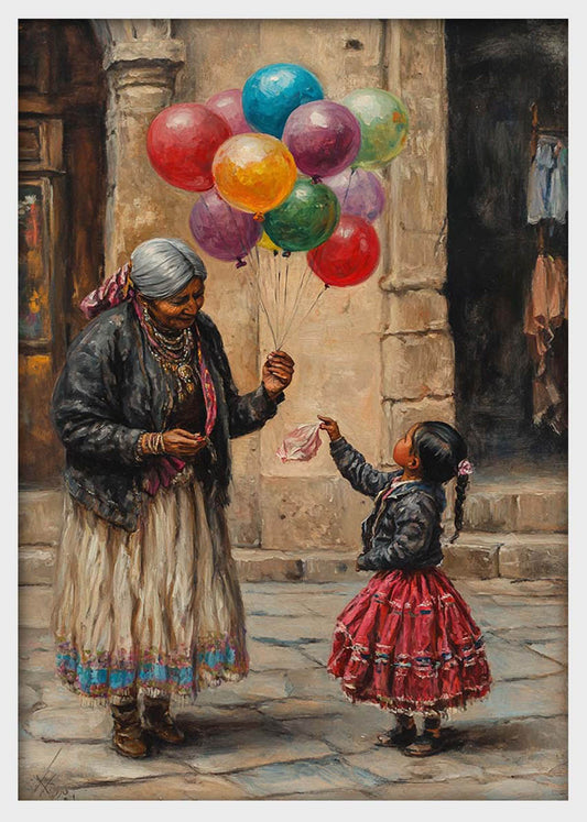 Balloon Seller Street Scene Canvas Wall Art & Poster Print | Wholesome Cultural Moment Painting – T1347 – Aiprintlab
