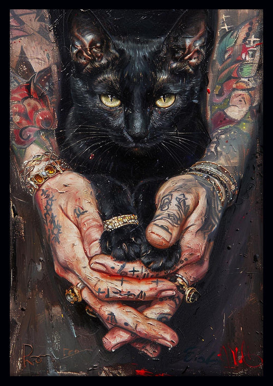 Tattooed Hands Holding Black Cat – Bold Urban Art Canvas & Poster – T927 – AiPrintLab