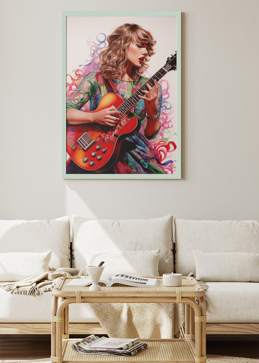 Taylor Swift Guitar Portrait Wall Art Poster & Canvas Print – Modern Pop Music Illustration
