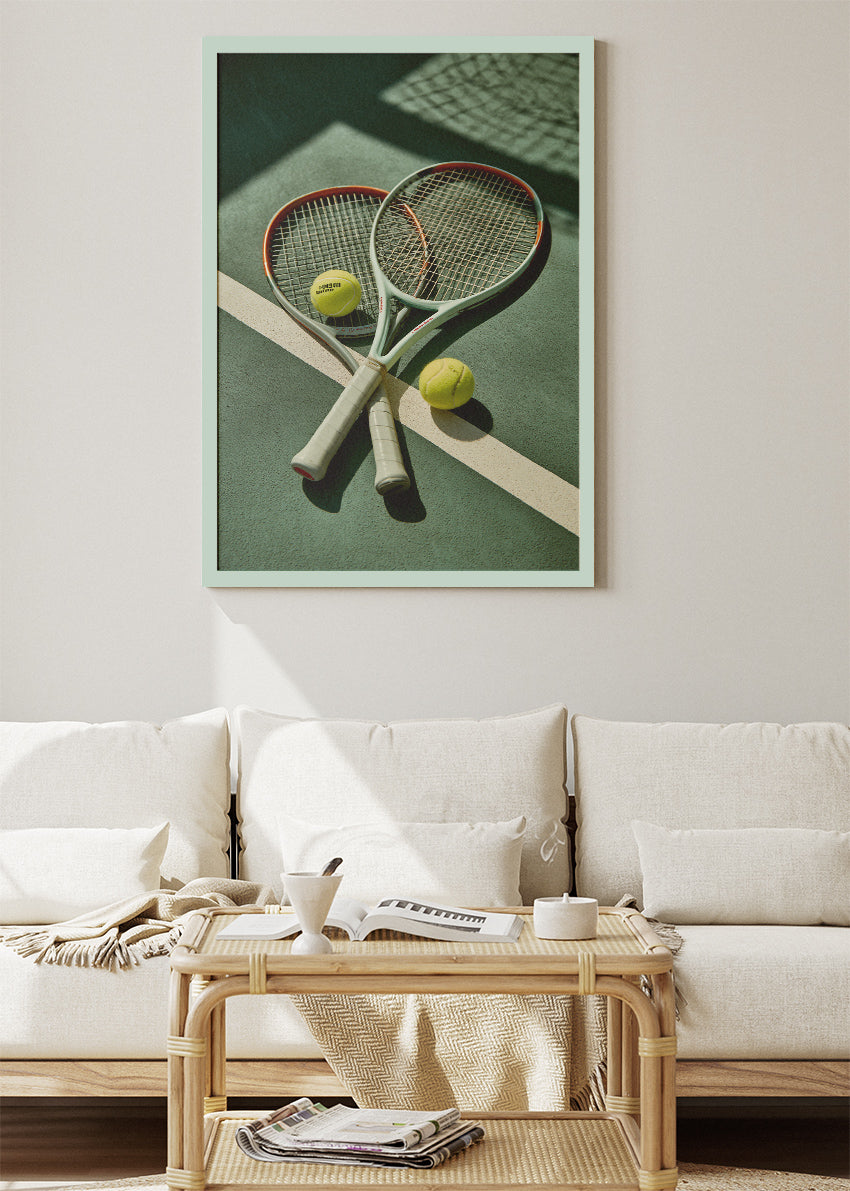 Tennis Rackets on Court Wall Art Poster & Canvas Print – Modern Sports Decor