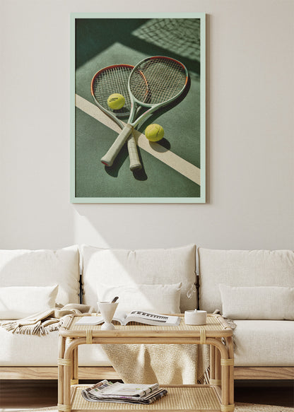 Tennis Rackets on Court Wall Art Poster & Canvas Print – Modern Sports Decor