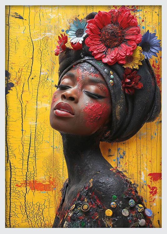 Textured African Beauty Portrait – Vibrant Flower Headwrap Wall Art – T1162 – AiPrintLab