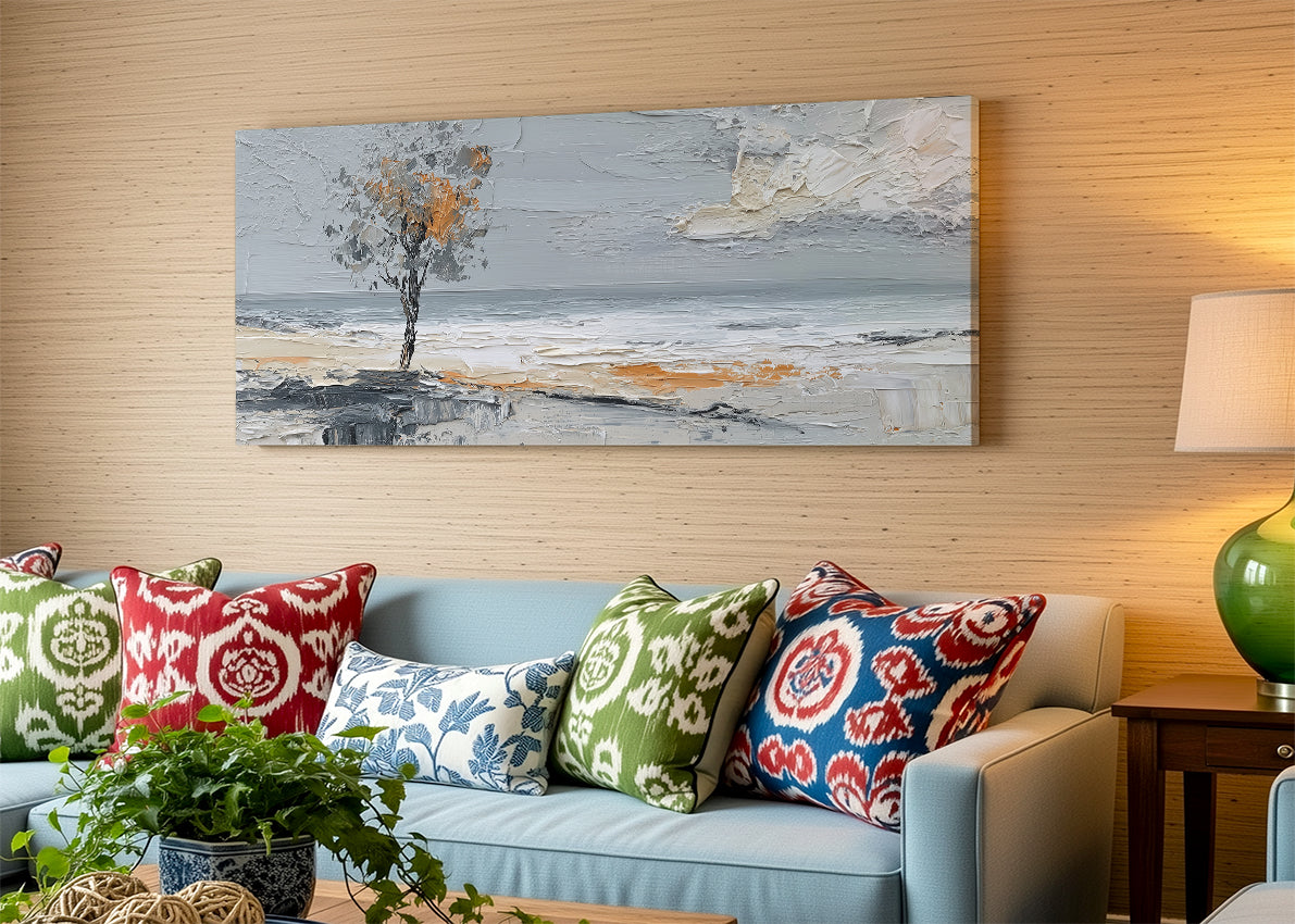 Textured Coastal Tree Landscape Canvas Wall Art – Single & 3 Panel Canvas – AI PRINT LAB