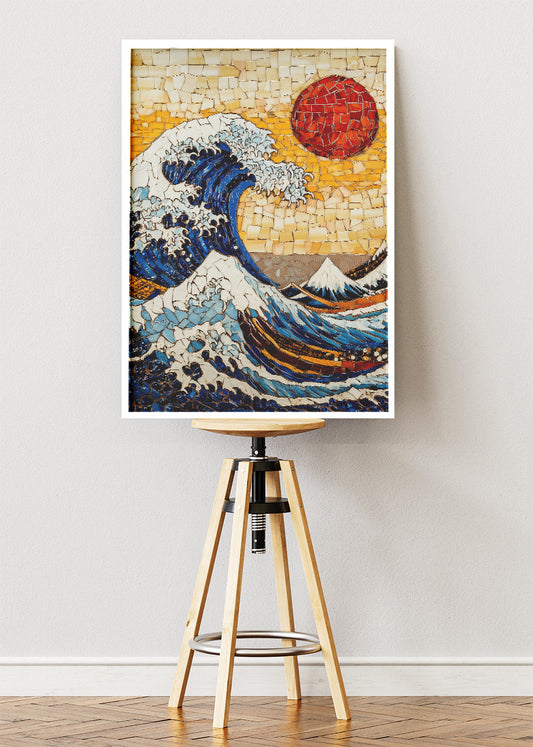 Textured Mosaic Wave with Red Sun – Japanese Inspired Ocean Wall Art – AI PRINT LAB